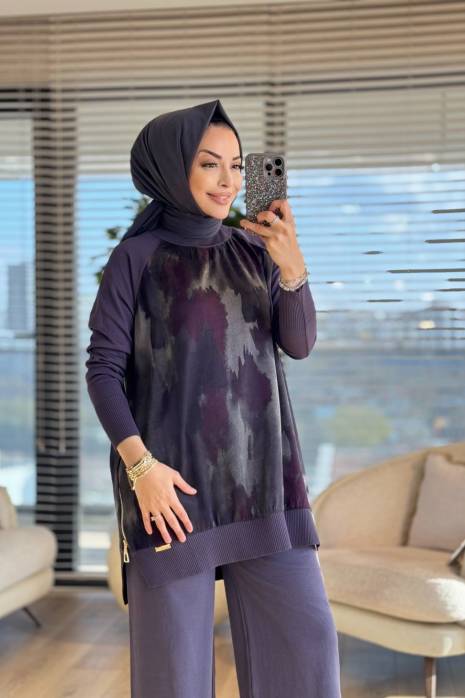 279 Ön Arka Batık Desen Triko Tunik Antrasit