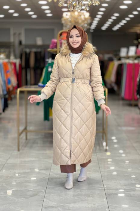 28-1035 Baklava desen Kapşonu Kürklü Şişme Kaban Bej