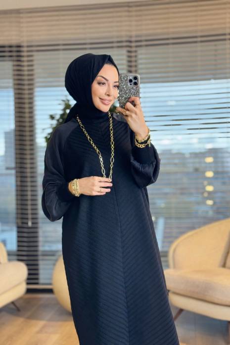 282 Ön Arka V Örgülü Kolları Kupra Elbise Siyah