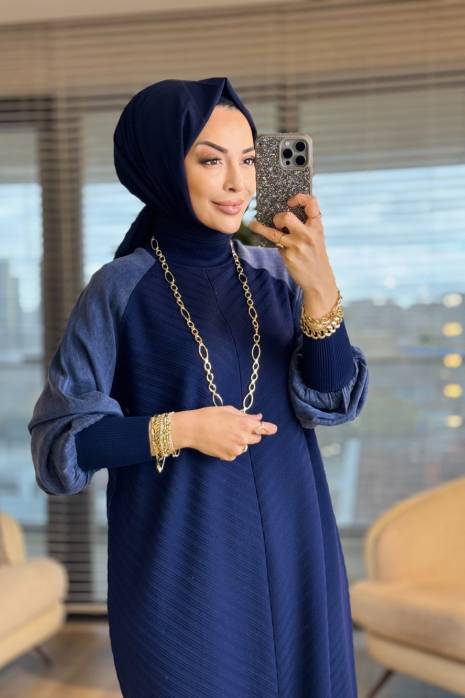 282 Ön Arka V Örgülü Kolları Kupra Elbise Lacivert