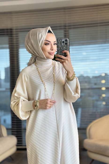 282 Ön Arka V Örgülü Kolları Kupra Elbise Bej