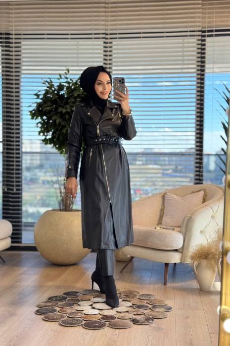 28331 Deri Fermuarlı Trenç Siyah