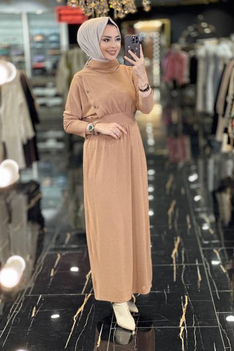 31143 Aller Düğme Detaylı Örme Kumaş Elbise Taba