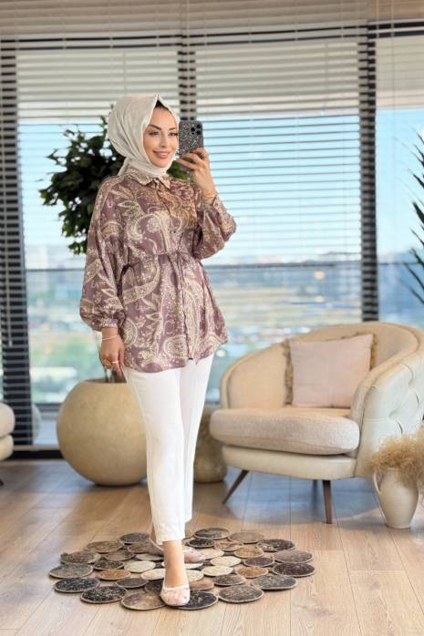 313-5 Saten Şal Desen Gömlek Vizon