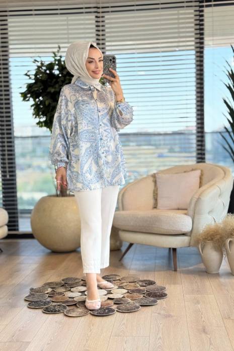 313-5 Saten Şal Desen Gömlek Ekru Mavi