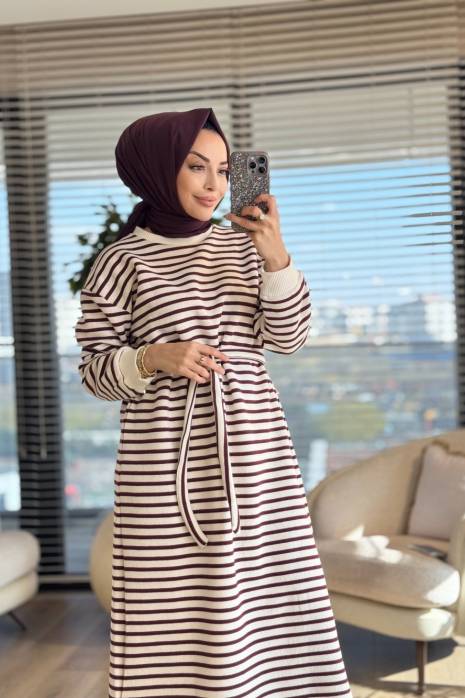 3177 Çizgili Üç İplik Elbise Bordo