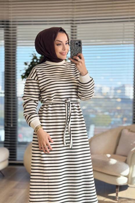 3177 Çizgili Üç İplik Elbise Kahve