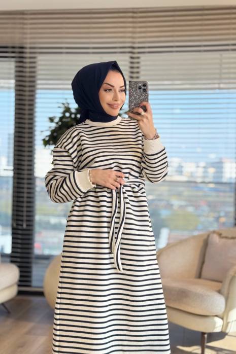 3177 Çizgili Üç İplik Elbise Lacivert