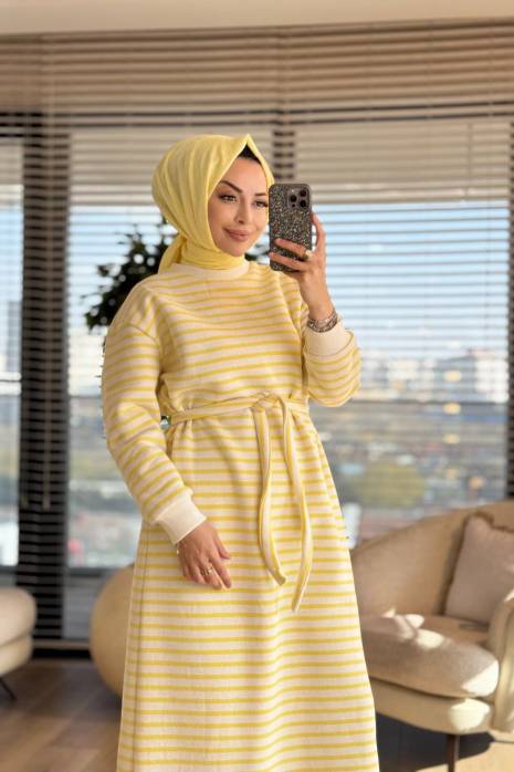 3177 Çizgili Üç İplik Elbise Sarı