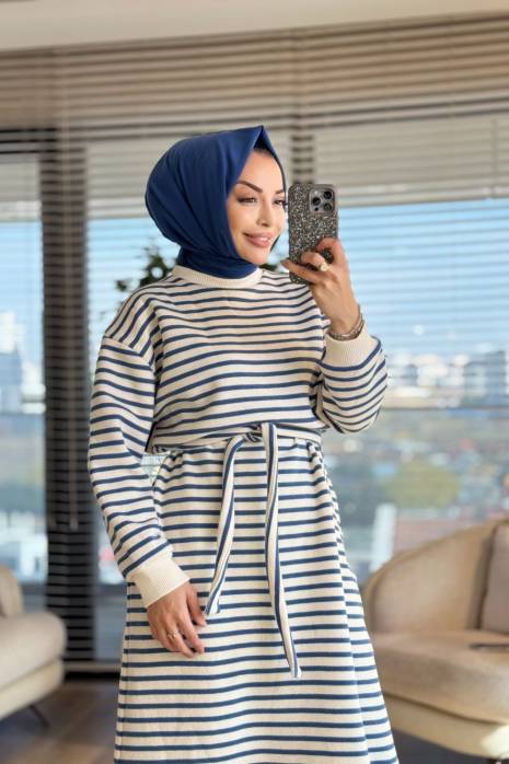 3177 Çizgili Üç İplik Elbise Mavi