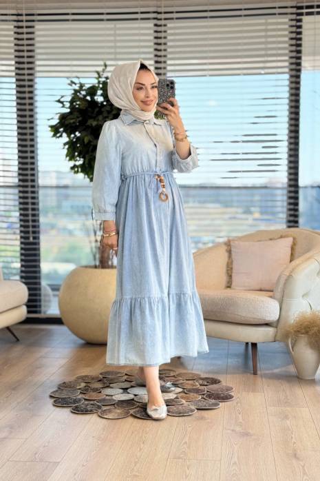 33338 Beli Büzgülü Kot Elbise Mavi