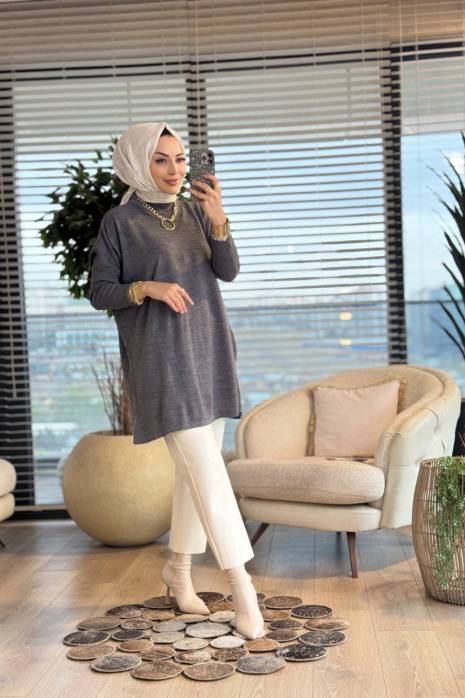 3399 Yarasa Kol Triko Tunik Antrasit