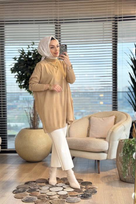 3399 Yarasa Kol Triko Tunik Camel