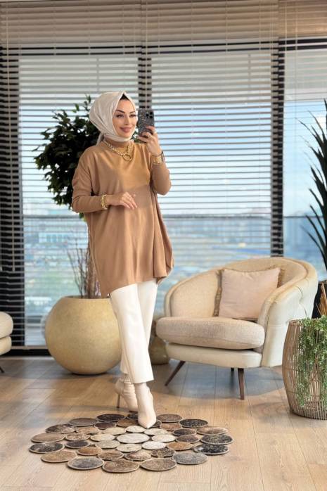 3399 Yarasa Kol Triko Tunik Latte