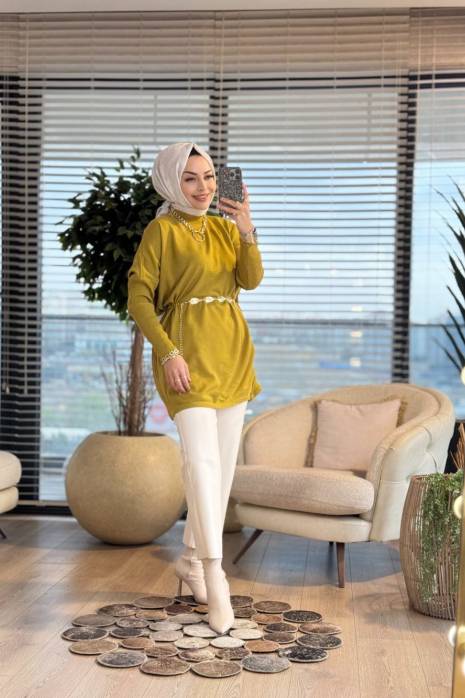 3399 Yarasa Kol Triko Tunik Yağ Yeşili