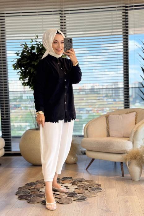 34313 Önü Kabartma Kuş Nakışlı Gömlek Siyah