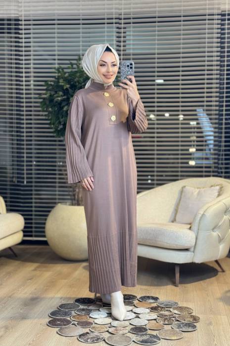 3507 Metal 3 Broşlu Triko Elbise Vizon