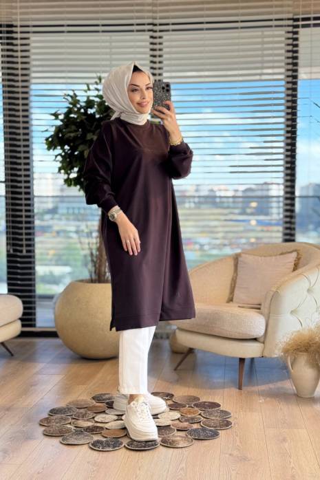 35331 Tonaton Baskılı Uzun Tunik Kahve