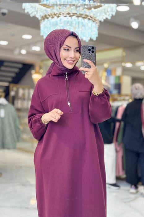 35742 Yüksek Yakalı Kesik Detaylı Elbise Bordo