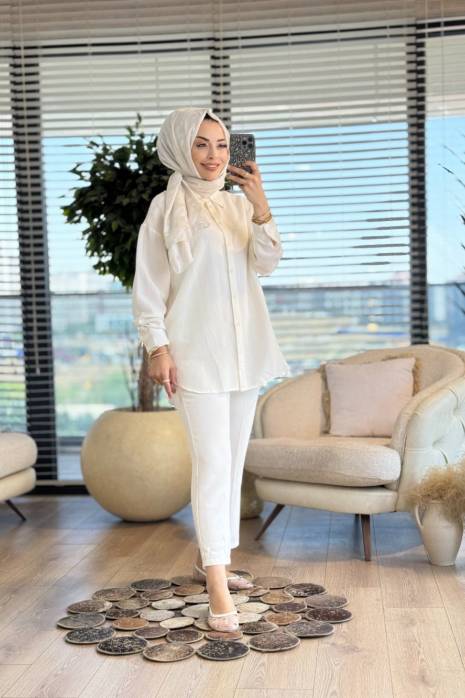 35842 Keten Basic Gömlek Ekru