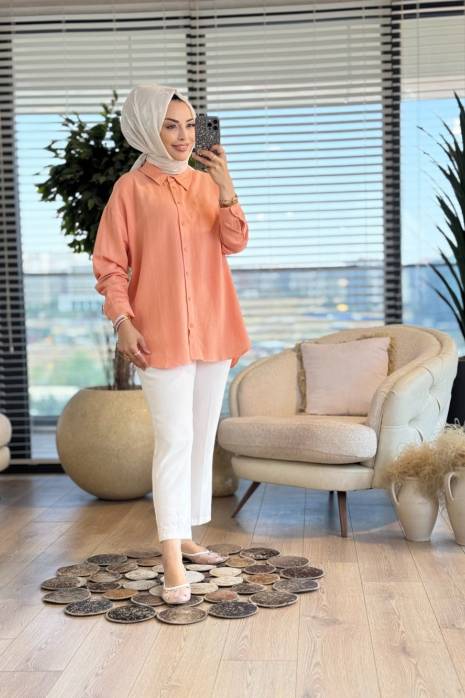 35842 Keten Basic Gömlek Pudra