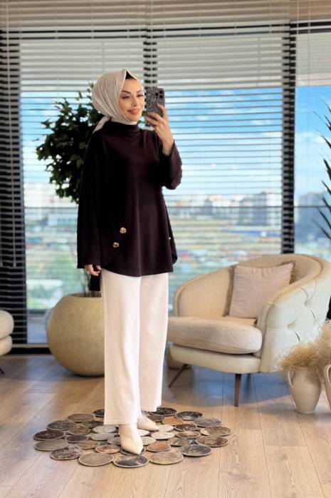 36070 Kesik Detaylı Tunik Kahve