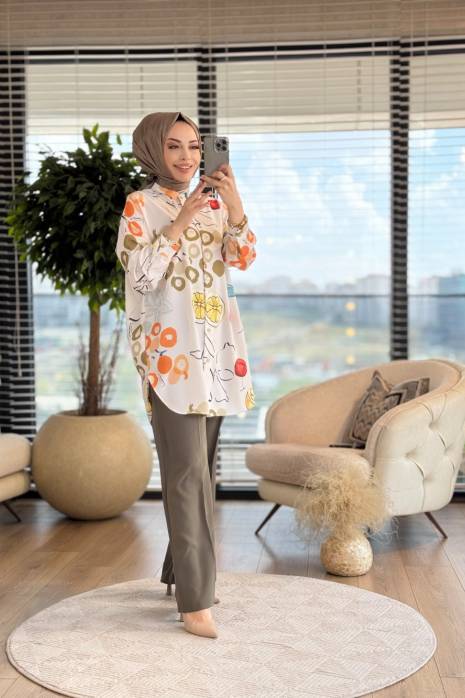 4016-10 Ege Tropical Meyve Desenli Tunik Ekru