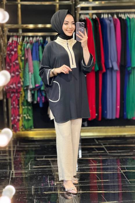 4225 Patı Fermuar Üst Cep Dikişli Takım Siyah Bej