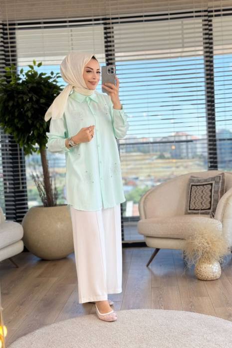 4275 Tencel Ön Taş Baskılı Tunik Mint
