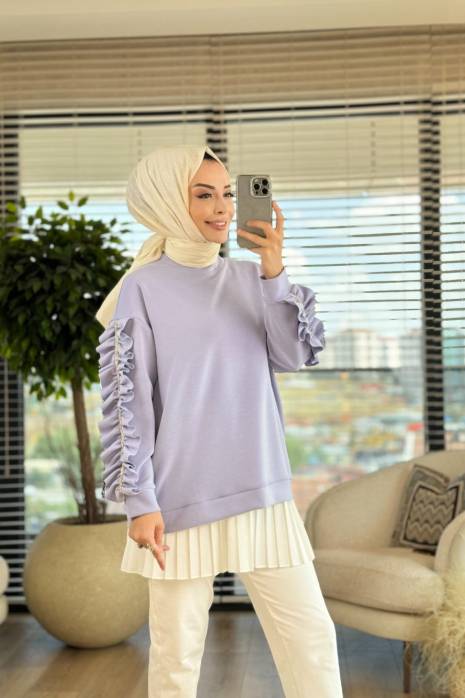 4284 Kol Fırfır Ve Şerit Taş Detaylı Tunik Buz Mavi