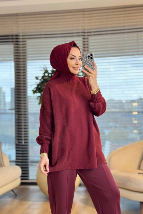 44101 Yanları Ve Kolu Saçak Triko Tunik Bordo