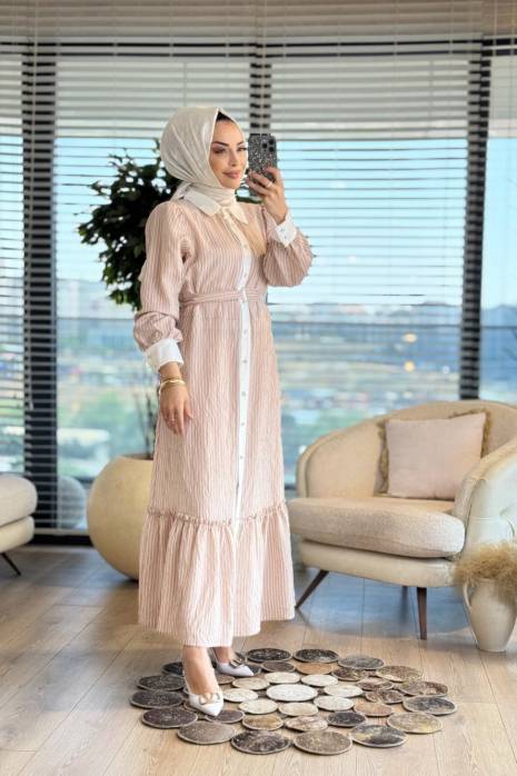4501 Boyuna Çizgili Elbise Bej