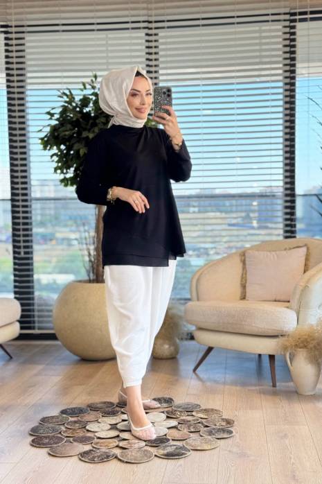 455 Eteği Şifon Garnili Bluz Siyah