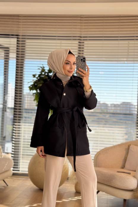51198 Ön Oval Parça Apoletli Kısa Trenç Siyah