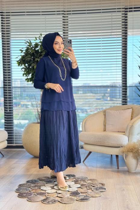 575 Önü Şifonlu Uzun Kol Bluz Lacivert
