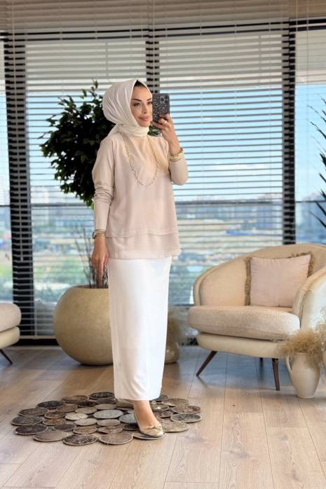575 Önü Şifonlu Uzun Kol Bluz Bej
