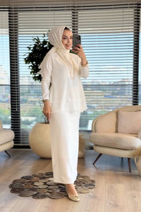 575 Önü Şifonlu Uzun Kol Bluz Ekru