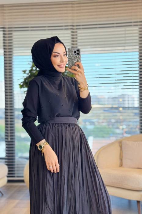 577 Ön Şifon Üstü Taşlı Bluz Siyah