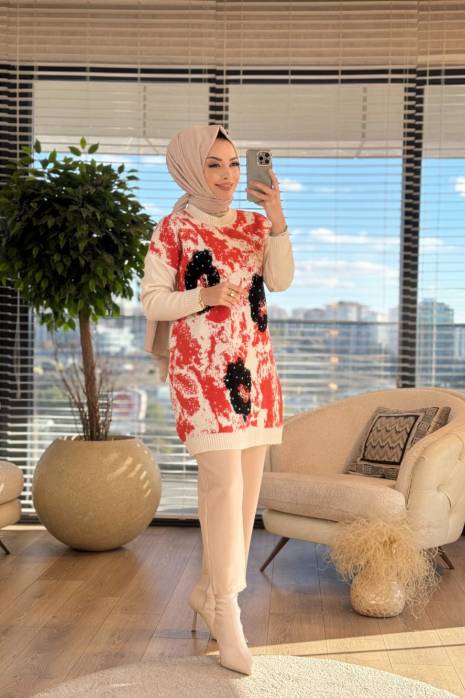 7200 Desenli Triko Tunik Ekru