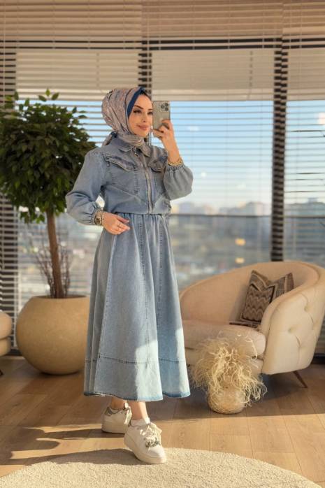 7302 Kot Ön Fermuar Ve Cepli Etekli Takım Mavi