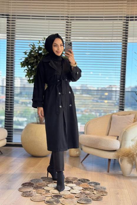 7407 Altı Düğmeli Kot Trenç Siyah