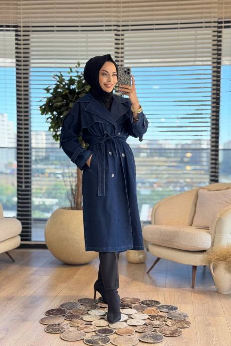 7407 Altı Düğmeli Kot Trenç Lacivert