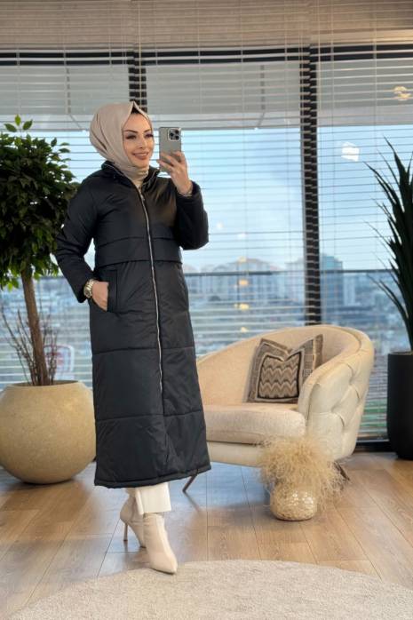 7619 Bel Parça Detaylı Ön Fermuarlı Kaban Siyah
