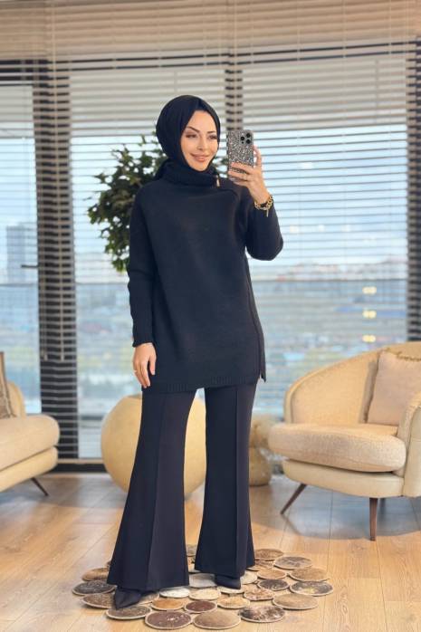 7768 Oslo Yandan Fermuarlı Triko Tunik Siyah