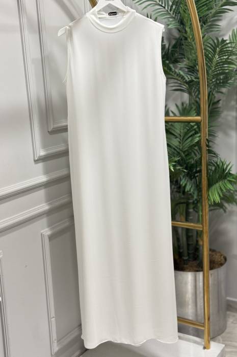 778 Ön Şifon Kolsuz Uzun Elbise Ekru