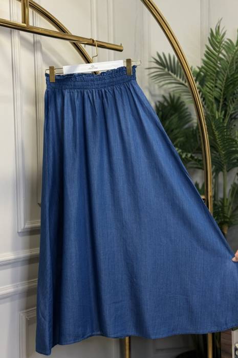 8004 Tencel Beli Lastikli Etek Mavi