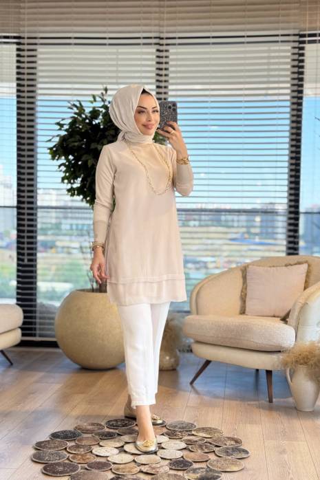 875 Ön Şifon Yaka Kol Ribanalı Bluz Bej