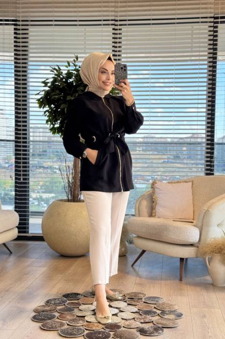 9261 Gold Halka Ve Kuşak Geçişli Kap Siyah