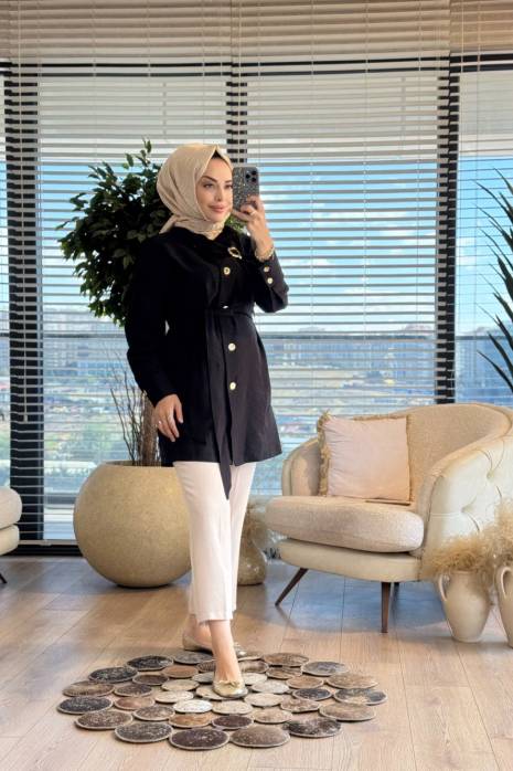 9265 Yaka Broşlu Kuşaklı Kap Siyah