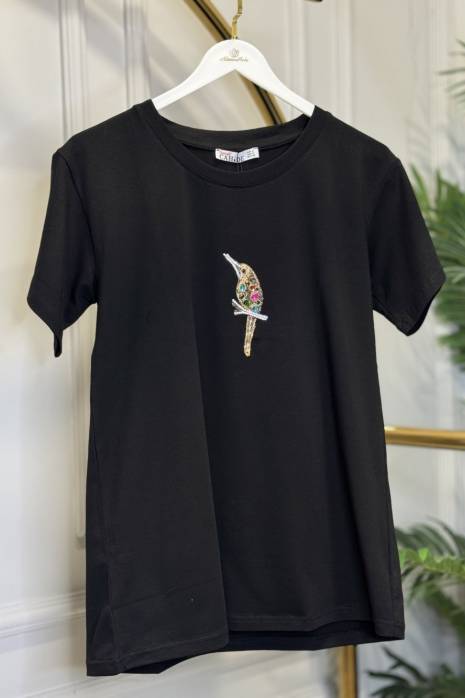 CHD58 Önü Kuş Baskılı Yarım Kollu Tişört Siyah